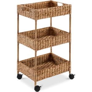 imageBest Choice Products 3Tier Water Hyacinth Rolling Nursery Caddy wWheels Utility Cart Storage Organization for Bathroom Craft Room Laundry Room ChestnutChestnut