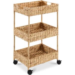imageBest Choice Products 3Tier Water Hyacinth Rolling Nursery Caddy wWheels Utility Cart Storage Organization for Bathroom Craft Room Laundry Room ChestnutNatural
