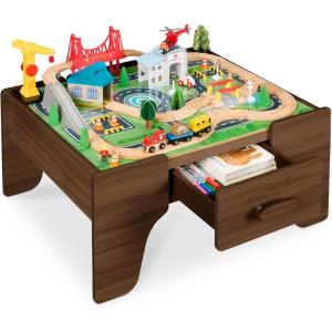 imageBest Choice Products 56 Piece Wooden Train Table Set for Kids 32quotx2325quotx15quot MultiActivity Table with Toy Storage Drawer ampamp Reversible Top  NaturalWalnut