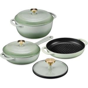 imageBest Choice Products 6Piece Enameled Cast Iron Cookware Set 6QT Dutch Oven WLid 2QT Skillet WLid Grill Pan ampamp Grill Press NonStick Heavy Duty  SageSage