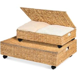 imageBest Choice Products Under Bed Storage Containers WLid Wheels and Handles 2Pack Large Handwoven Water Hyacinth Closet Organizer Shoe Storage Bins MultiPurpose Nesting Baskets  NaturalNatural