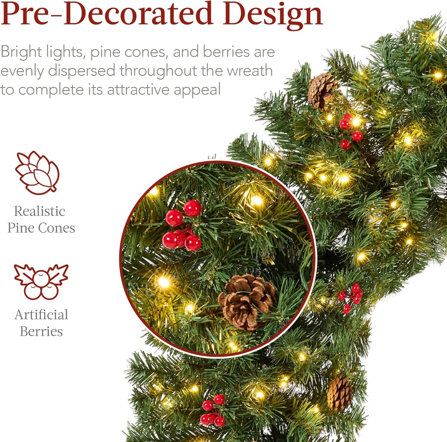 imageBest Choice Products 36in PreLit Christmas Wreath wBerries ampamp Pinecones Large Artificial IndoorOutdoor Decor for Door Mantel wRed Bow PluginDecorated