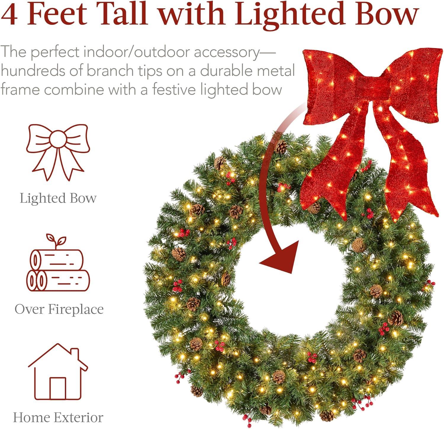 imageBest Choice Products 36in PreLit Christmas Wreath wBerries ampamp Pinecones Large Artificial IndoorOutdoor Decor for Door Mantel wRed Bow PluginDecorated