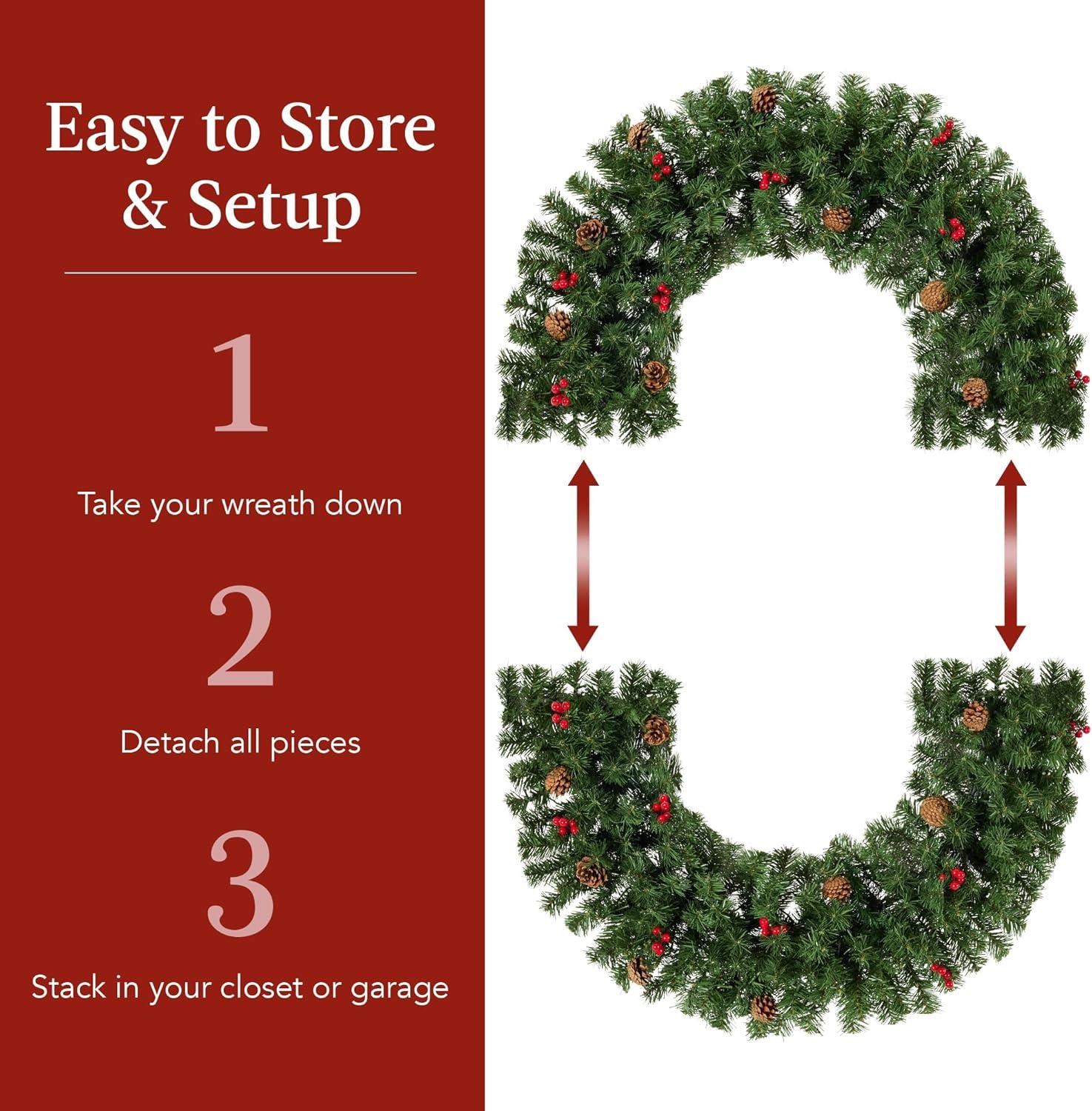 imageBest Choice Products 36in PreLit Christmas Wreath wBerries ampamp Pinecones Large Artificial IndoorOutdoor Decor for Door Mantel wRed Bow PluginDecorated