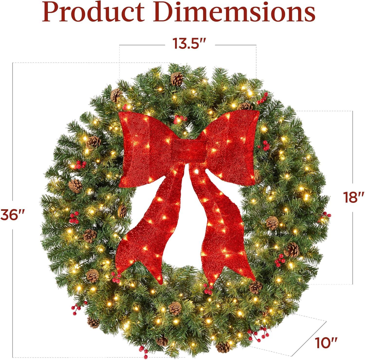 imageBest Choice Products 36in PreLit Christmas Wreath wBerries ampamp Pinecones Large Artificial IndoorOutdoor Decor for Door Mantel wRed Bow PluginDecorated