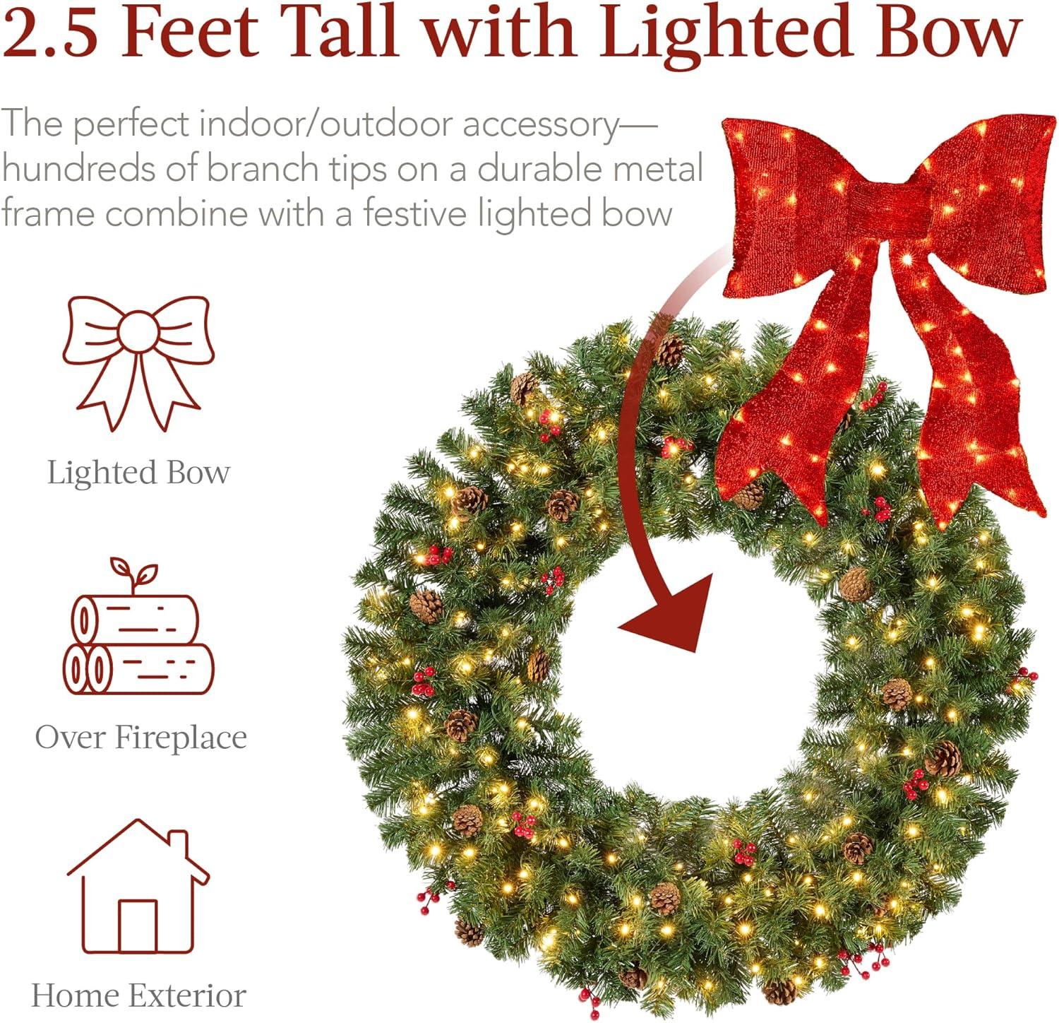 imageBest Choice Products 36in PreLit Christmas Wreath wBerries ampamp Pinecones Large Artificial IndoorOutdoor Decor for Door Mantel wRed Bow PluginDecorated