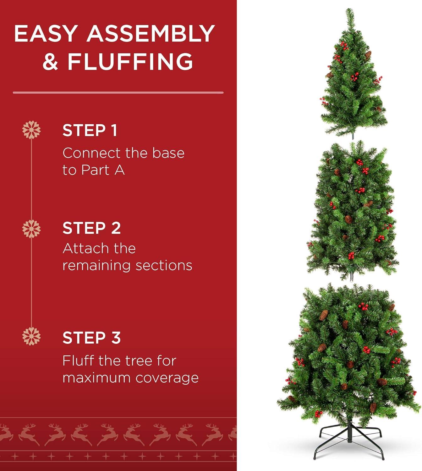 imageBest Choice Products 6ft PreLit Spruce Pencil Christmas Tree PreDecorated for Home Office Party Holiday Decoration w 618 Tips 250 Lights Pine Cones Metal Hinges ampamp Base  Green75ft