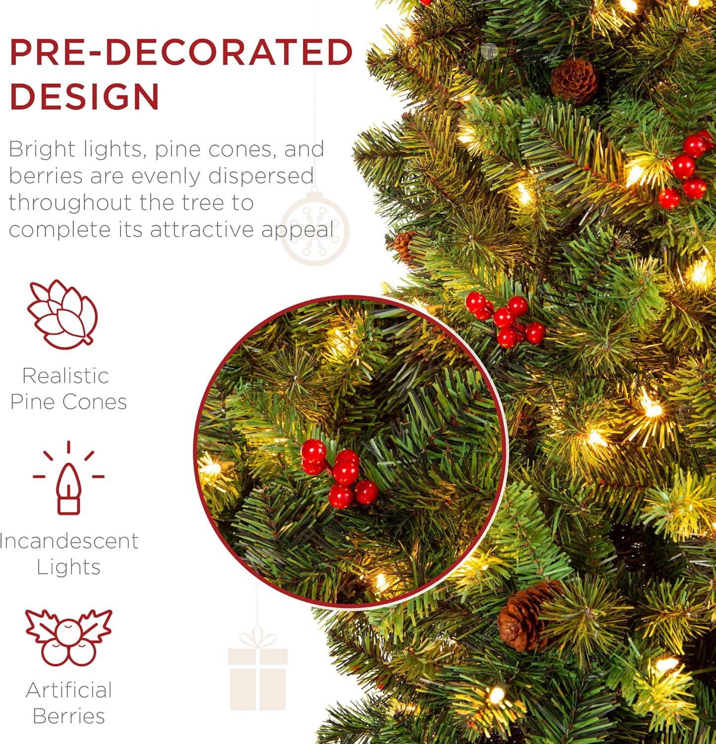 imageBest Choice Products 6ft PreLit Spruce Pencil Christmas Tree PreDecorated for Home Office Party Holiday Decoration w 618 Tips 250 Lights Pine Cones Metal Hinges ampamp Base  Green6ft