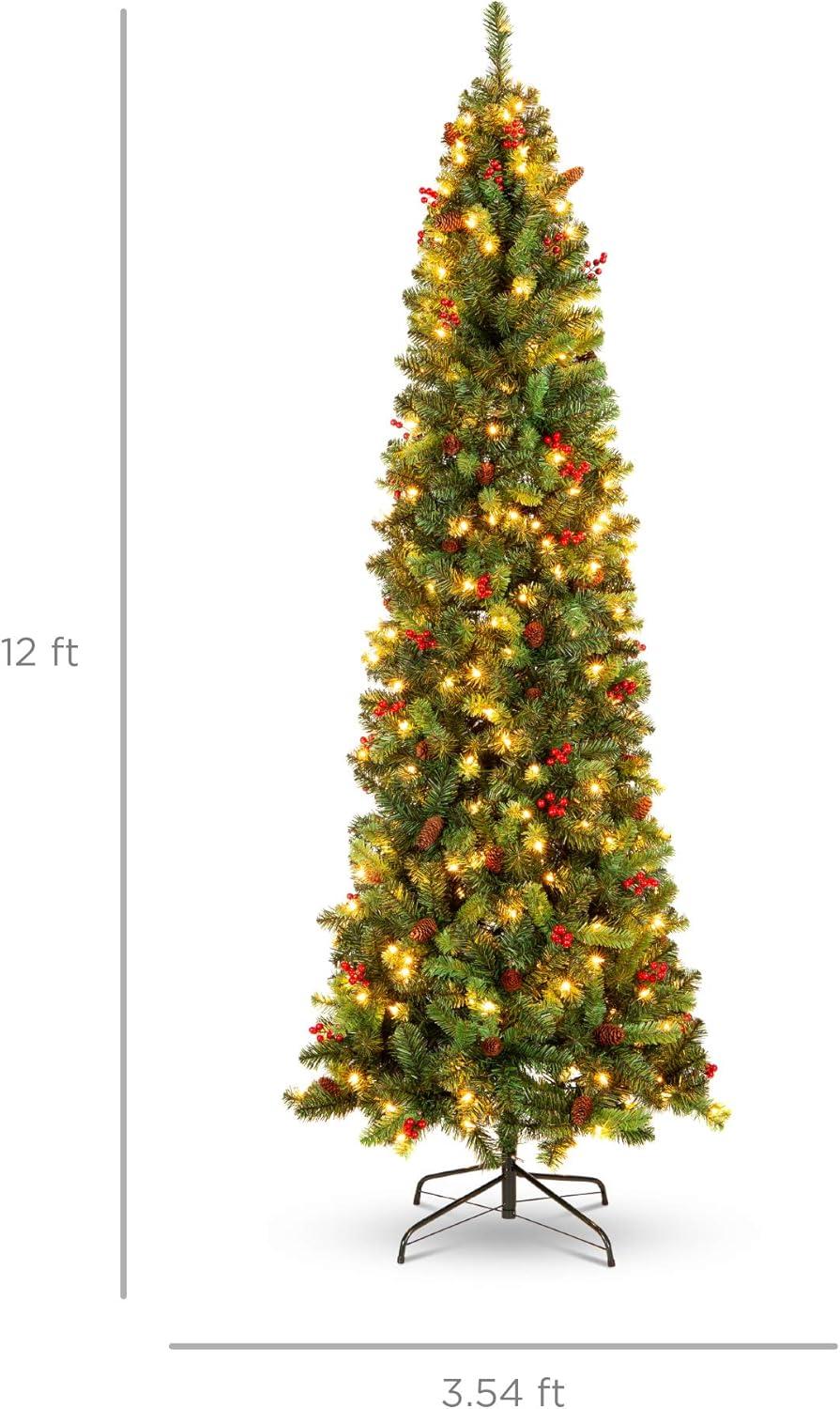 imageBest Choice Products 6ft PreLit Spruce Pencil Christmas Tree PreDecorated for Home Office Party Holiday Decoration w 618 Tips 250 Lights Pine Cones Metal Hinges ampamp Base  Green12ft