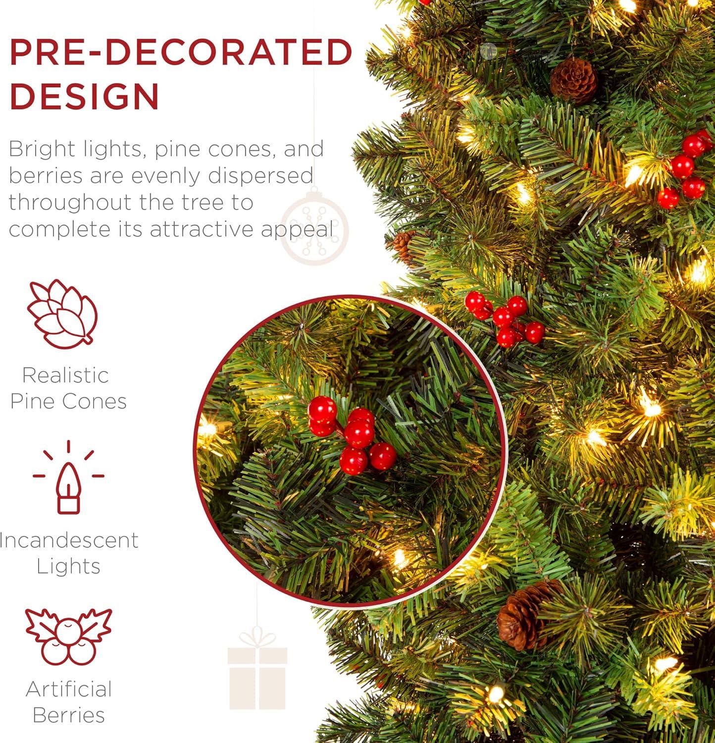 imageBest Choice Products 6ft PreLit Spruce Pencil Christmas Tree PreDecorated for Home Office Party Holiday Decoration w 618 Tips 250 Lights Pine Cones Metal Hinges ampamp Base  Green9ft