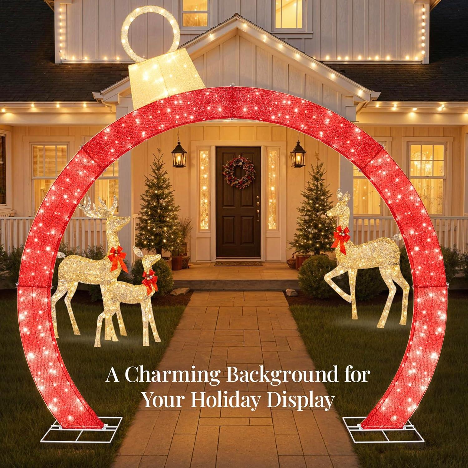 imageBest Choice Products Large Outdoor Christmas Lighted Archway Decoration 95ft XL with Gold Ornament Cap 330 LED Lights Holiday Yard Dcor  RedRed