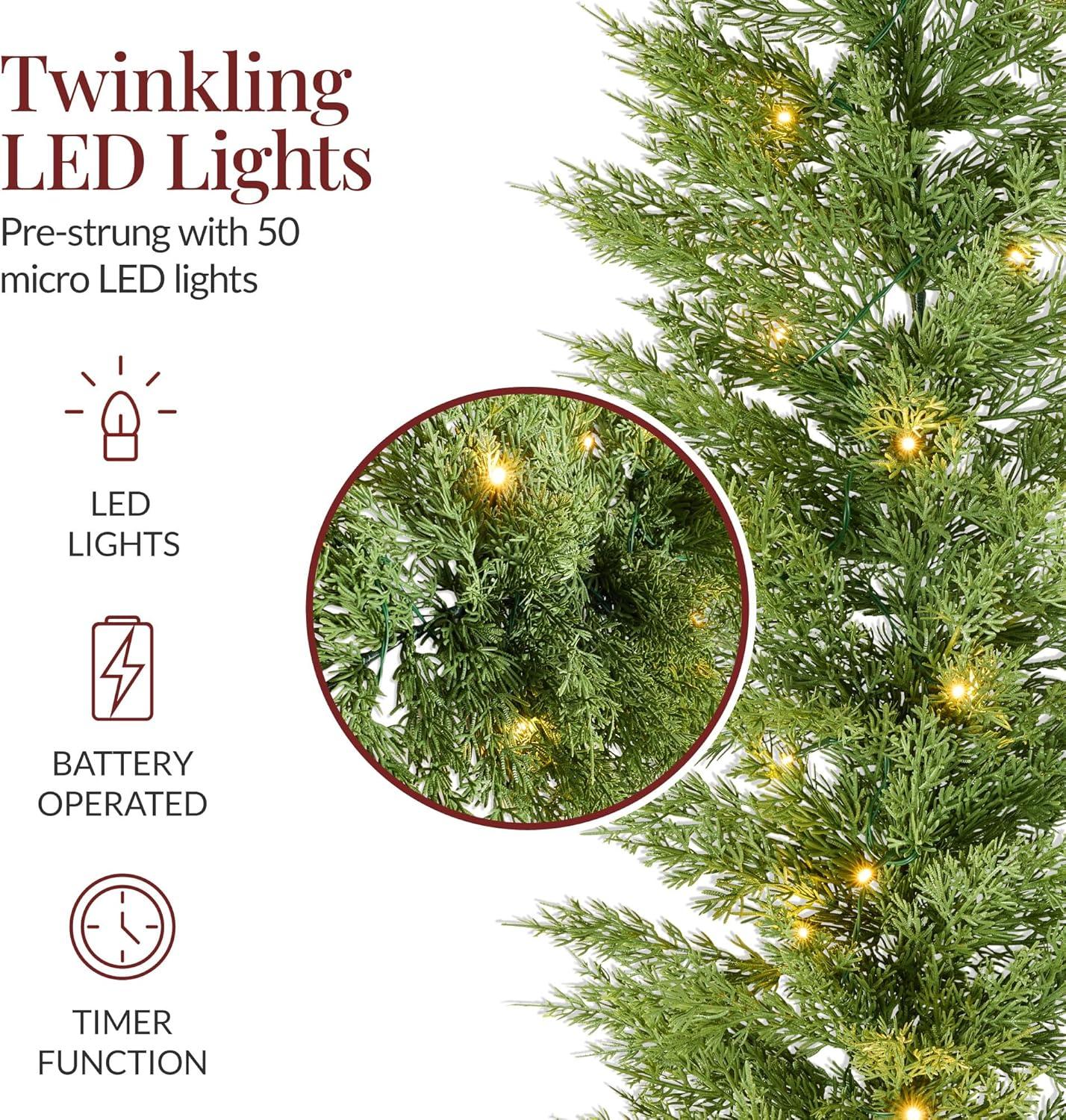 imageBest Choice Products PreLit Cedar Cypress Christmas Garland wTwinkling LEDs 9Ft Realistic Indoor Holiday Accent Decor for Door Mantle Battery9ft