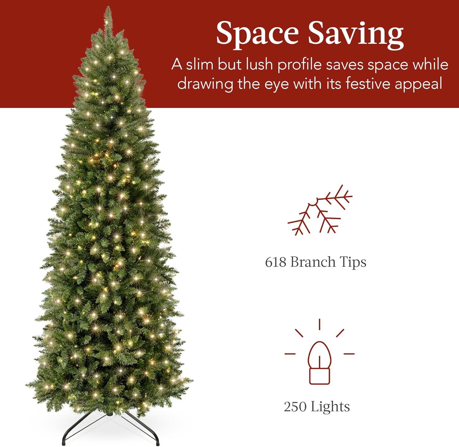 imageBest Choice Products Prelit Pencil Christmas Tree 9ft Premium Artificial Tree Realistic Lighted Spruce Holiday Decor w 2in1 LED Lights BaseGreen W White Lights