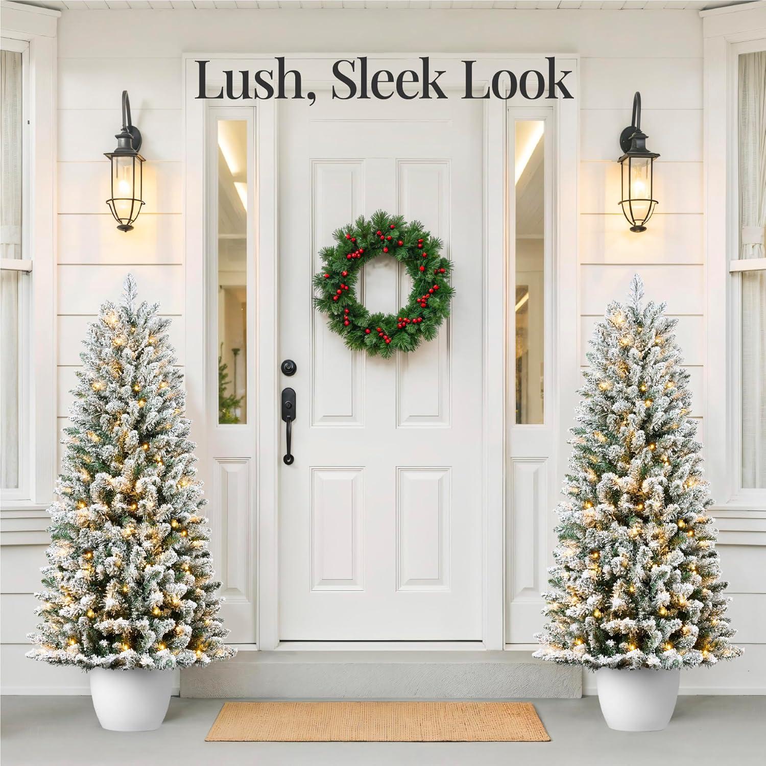 imageBest Choice Products Prelit Potted Flocked Pencil Christmas Tree 45Ft Artificial Lighted Holiday Dcor 175 Twinkling LEDs for Home Front Porch45ft