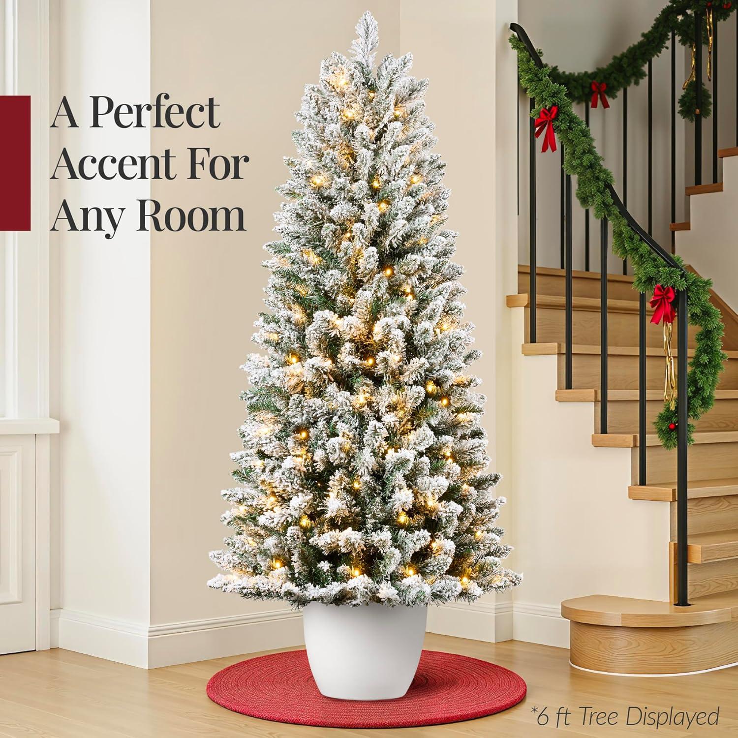 imageBest Choice Products Prelit Potted Flocked Pencil Christmas Tree 45Ft Artificial Lighted Holiday Dcor 175 Twinkling LEDs for Home Front Porch6ft