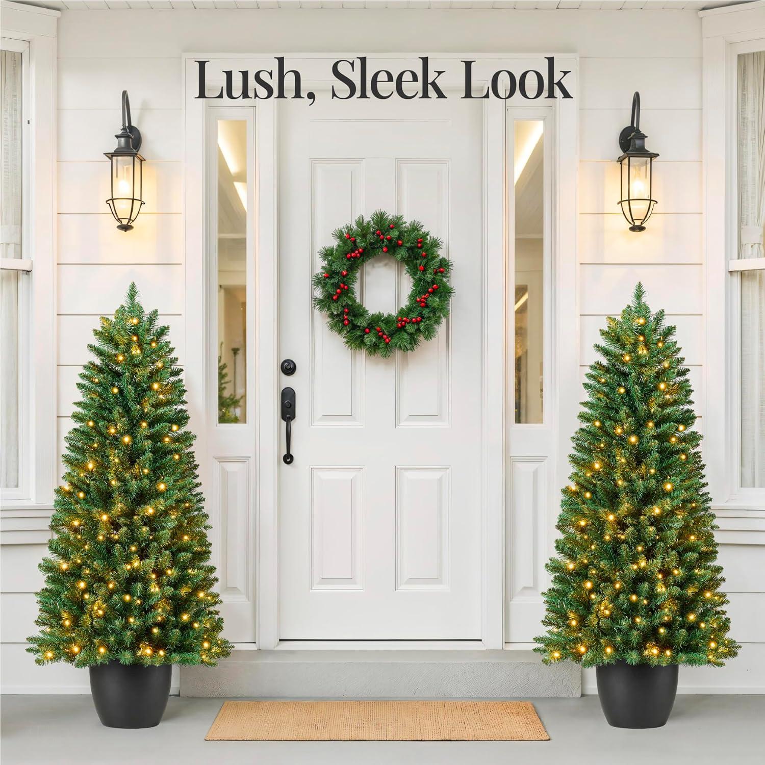 imageBest Choice Products Prelit Potted Pencil Christmas Tree 45Ft Artificial Lighted Holiday Dcor 175 Twinkling LEDs for Home Front Porch45ft