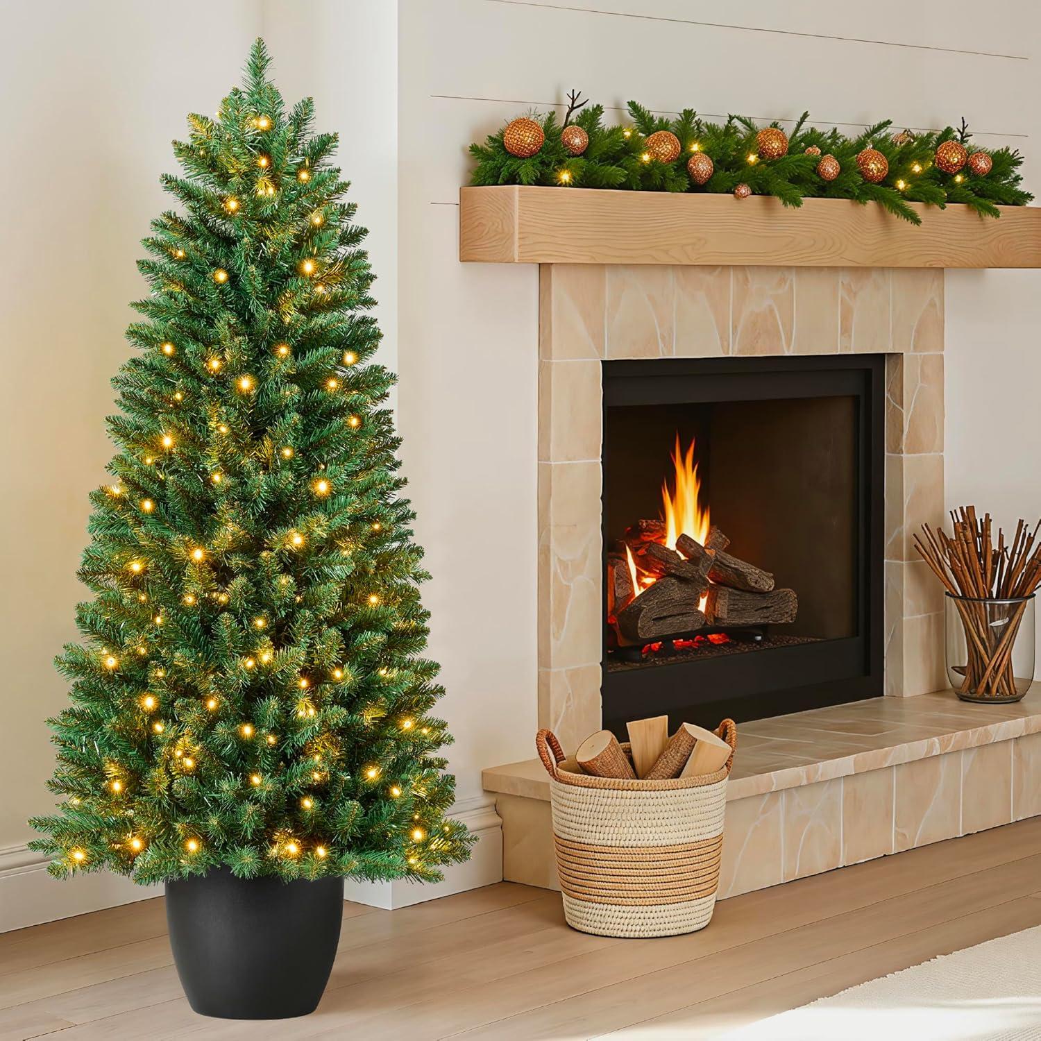 imageBest Choice Products Prelit Potted Pencil Christmas Tree 45Ft Artificial Lighted Holiday Dcor 175 Twinkling LEDs for Home Front Porch6ft