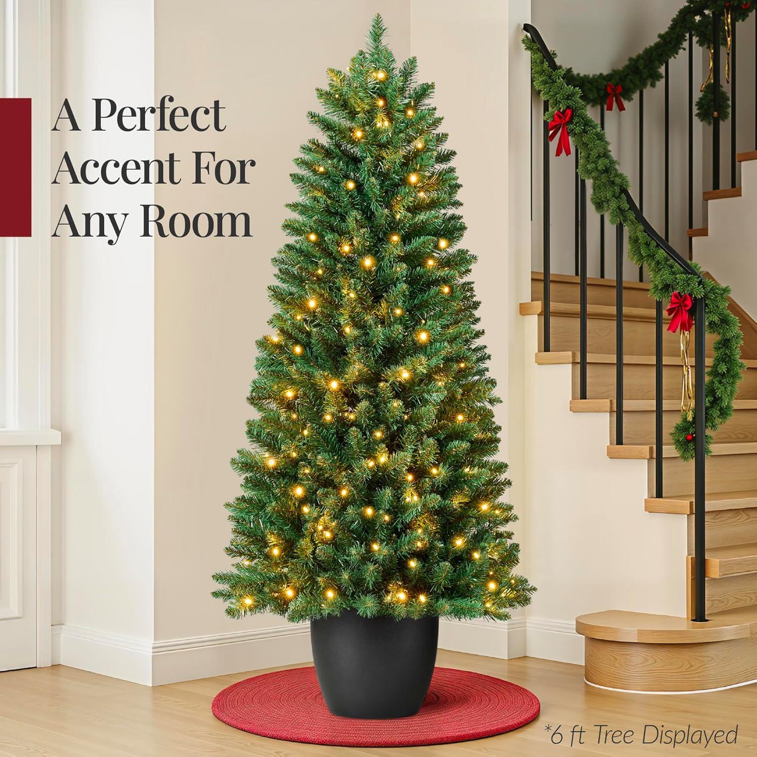 imageBest Choice Products Prelit Potted Pencil Christmas Tree 45Ft Artificial Lighted Holiday Dcor 175 Twinkling LEDs for Home Front Porch6ft