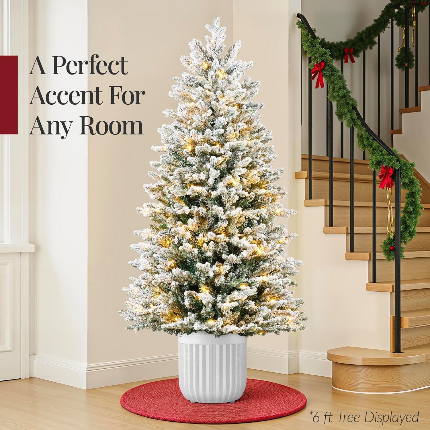 imageBest Choice Products Prelit Potted Pencil Christmas Tree 6Ft Flocked Realistic Artificial Lighted Holiday Dcor 250 Twinkling LEDs for Home Porch45ft