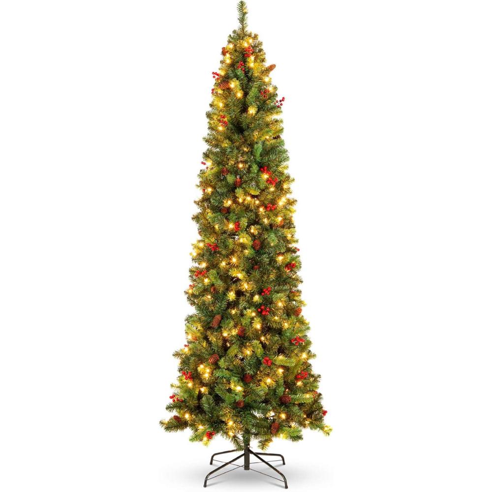 imageBest Choice Products 6ft PreLit Spruce Pencil Christmas Tree PreDecorated for Home Office Party Holiday Decoration w 618 Tips 250 Lights Pine Cones Metal Hinges ampamp Base  Green75ft