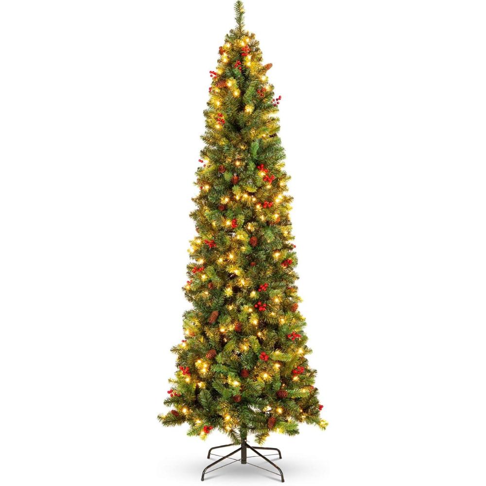 imageBest Choice Products 6ft PreLit Spruce Pencil Christmas Tree PreDecorated for Home Office Party Holiday Decoration w 618 Tips 250 Lights Pine Cones Metal Hinges ampamp Base  Green9ft