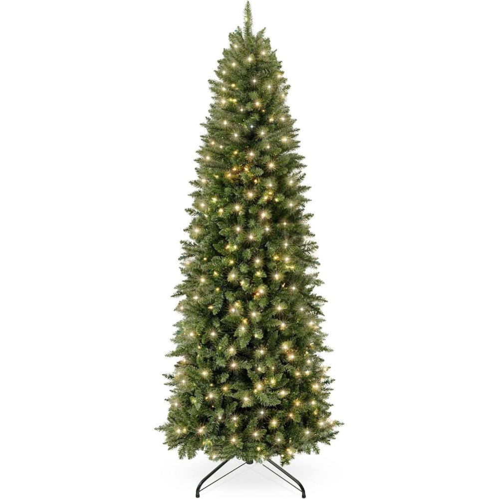 imageBest Choice Products Prelit Pencil Christmas Tree 9ft Premium Artificial Tree Realistic Lighted Spruce Holiday Decor w 2in1 LED Lights BaseGreen W White Lights