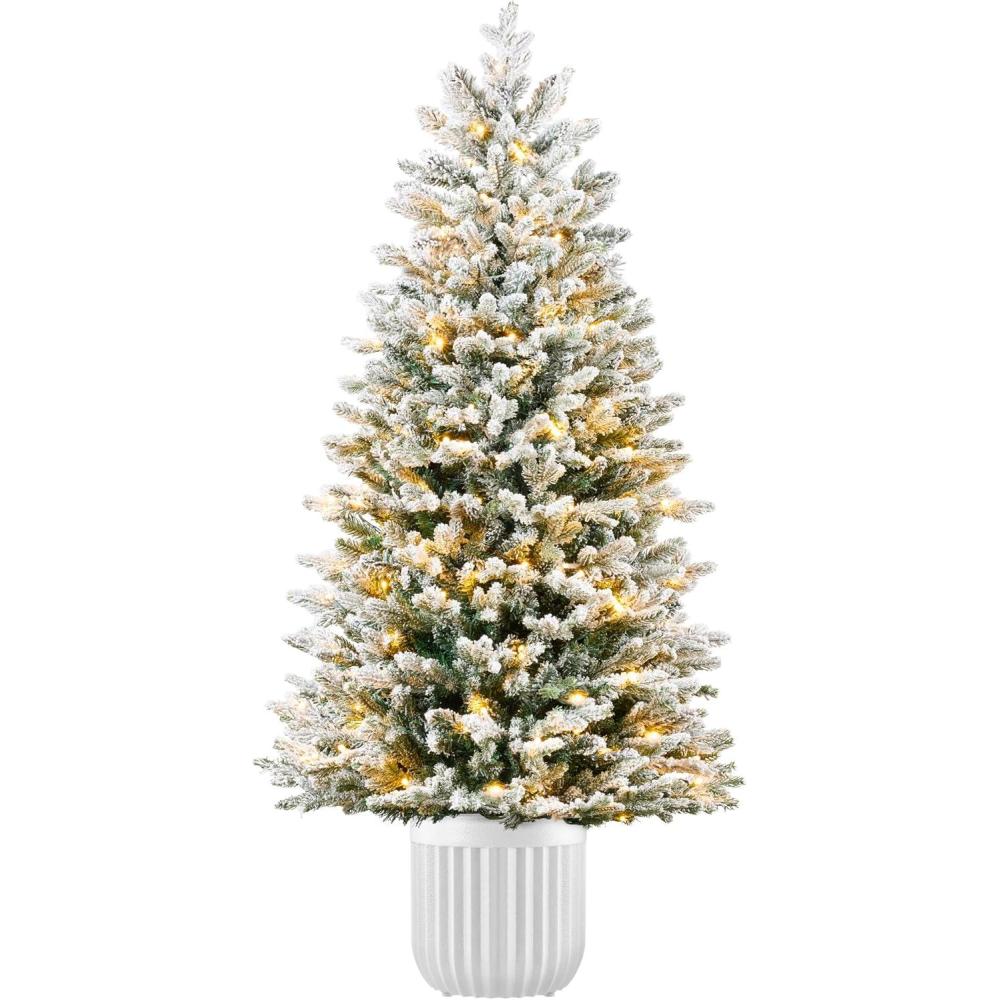 imageBest Choice Products Prelit Potted Pencil Christmas Tree 6Ft Flocked Realistic Artificial Lighted Holiday Dcor 250 Twinkling LEDs for Home Porch6ft