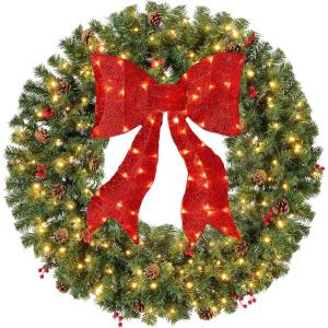 imageBest Choice Products 36in PreLit Christmas Wreath wBerries ampamp Pinecones Large Artificial IndoorOutdoor Decor for Door Mantel wRed Bow PluginDecorated