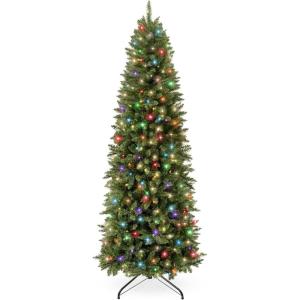 imageBest Choice Products Prelit Pencil Christmas Tree 9ft Premium Artificial Tree Realistic Lighted Spruce Holiday Decor w 2in1 LED Lights BaseGreen W Multicolor Lights