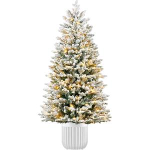 imageBest Choice Products Prelit Potted Pencil Christmas Tree 6Ft Flocked Realistic Artificial Lighted Holiday Dcor 250 Twinkling LEDs for Home Porch6ft