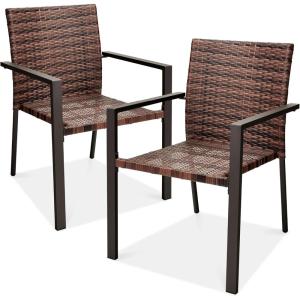 imageBest Choice Products Set of 2 Stackable Outdoor Wicker Dining Chairs AllWeather Firepit Armchair wArmrests Steel Frame for Patio Deck Garden Yard  BrownLight Brown