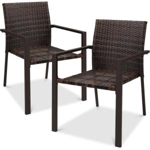 imageBest Choice Products Set of 2 Stackable Outdoor Wicker Dining Chairs AllWeather Firepit Armchair wArmrests Steel Frame for Patio Deck Garden Yard  BrownBrown