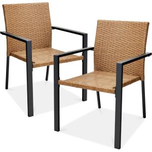 imageBest Choice Products Set of 2 Stackable Outdoor Wicker Dining Chairs AllWeather Firepit Armchair wArmrests Steel Frame for Patio Deck Garden Yard  BrownNatural