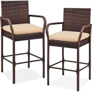 imageBest Choice Products Set of 2 Wicker Bar Stools Indoor Outdoor Bar Height Chairs wCushion Footrests Armrests for Backyard Patio Pool Garden Deck  GrayBrown