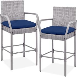 imageBest Choice Products Set of 2 Wicker Bar Stools Indoor Outdoor Bar Height Chairs wCushion Footrests Armrests for Backyard Patio Pool Garden Deck  GrayGrey
