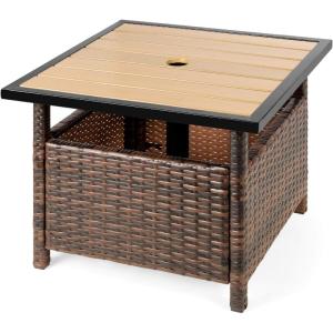 imageBest Choice Products Wicker Side Table with Umbrella Hole Square PE Rattan Outdoor End Table for Patio Garden Poolside Deck wUVResistant Frame Storage Space  BrownBrown