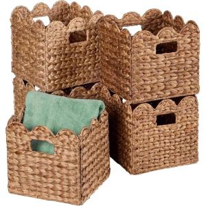 imageBest Choice Products 12 x 12in Scalloped Hyacinth Baskets Rustic Set Of 5 Multipurpose Collapsible Storage Organizer Handwoven Laundry Totes for Bedroom Living Room Shelves  Natural wWhite TrimChestnut