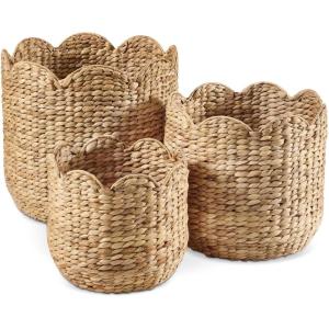 imageBest Choice Products 3pc Water Hyacinth Scalloped Multipurpose Nesting Baskets Storage Bin Organization Totes for Living Room Bedroom Nursery Laundry Room ChestnutNatural