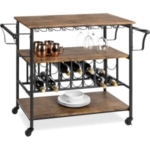 imageBest Choice Products 45in Industrial Wood Shelf Bar ampamp Wine Storage Service Cart Trolley w 14 Bottle ampamp 18 Glass Racks Locking Caster Wheels