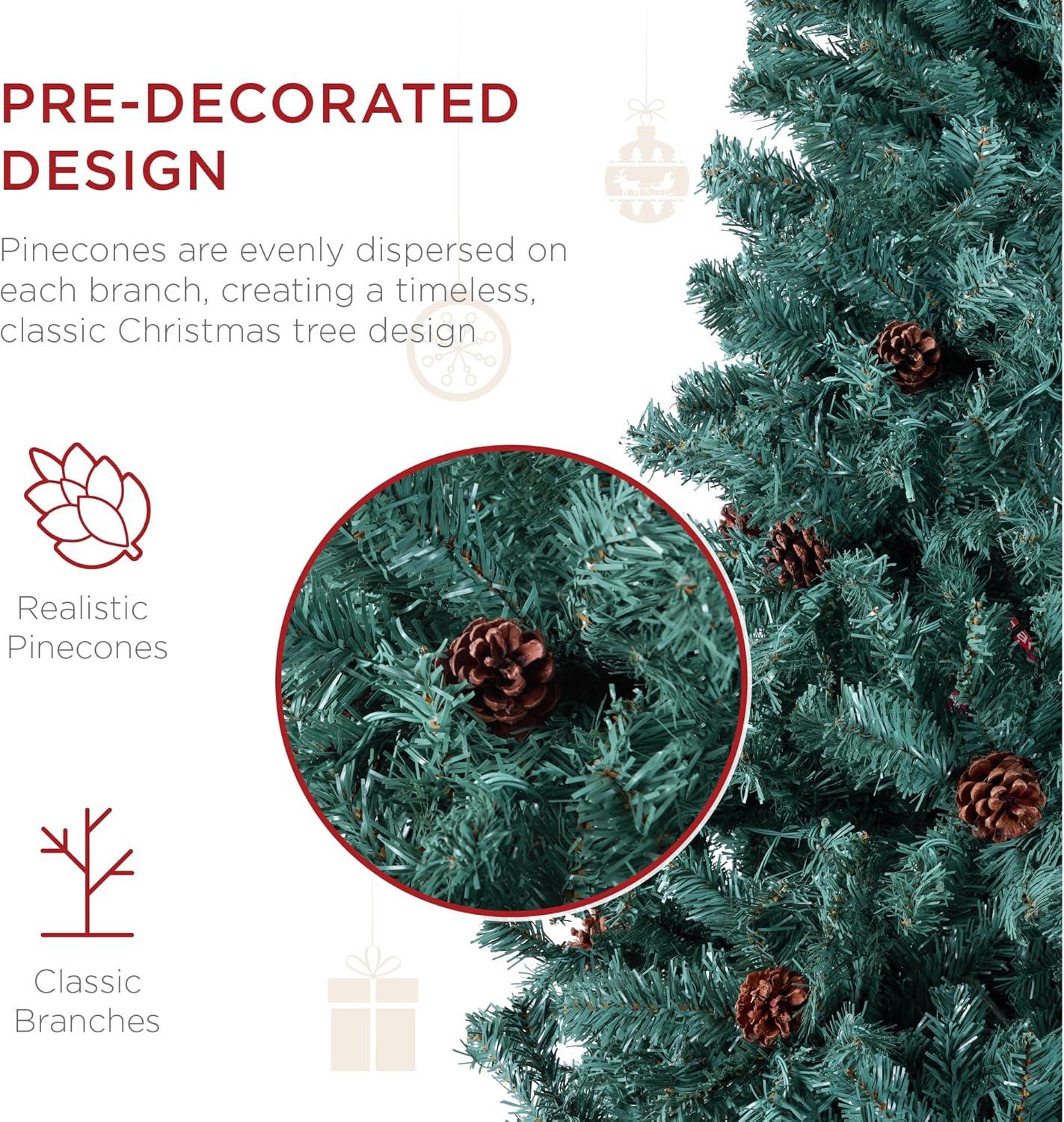 imageBest Choice Products 6ft PreDecorated Holiday Christmas Tree for Home Office Party w1000 Tips Partially Flocked Pinecones Base  Blue SpruceBlue Spruce