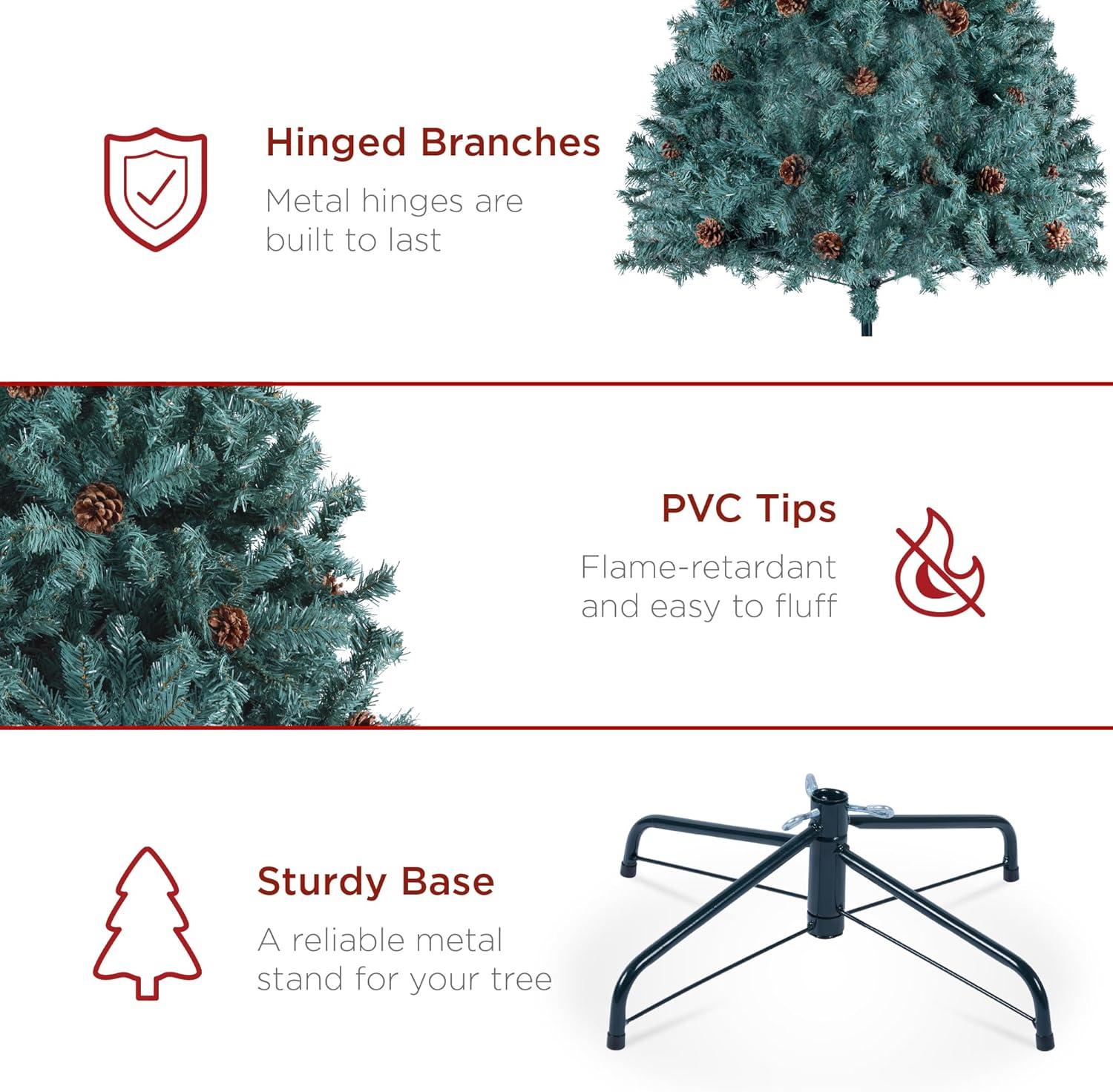 imageBest Choice Products 6ft PreDecorated Holiday Christmas Tree for Home Office Party w1000 Tips Partially Flocked Pinecones Base  Blue SpruceBlue Spruce