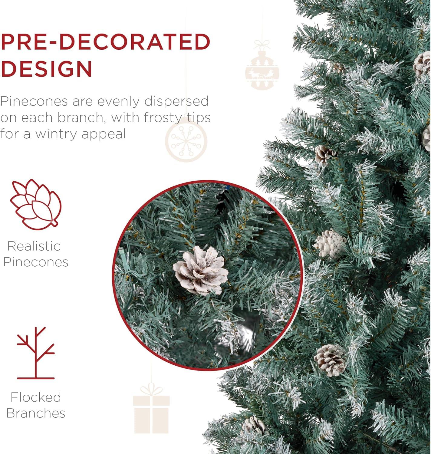 imageBest Choice Products 6ft PreDecorated Holiday Christmas Tree for Home Office Party w1000 Tips Partially Flocked Pinecones Base  Blue SpruceFlocked Blue Spruce