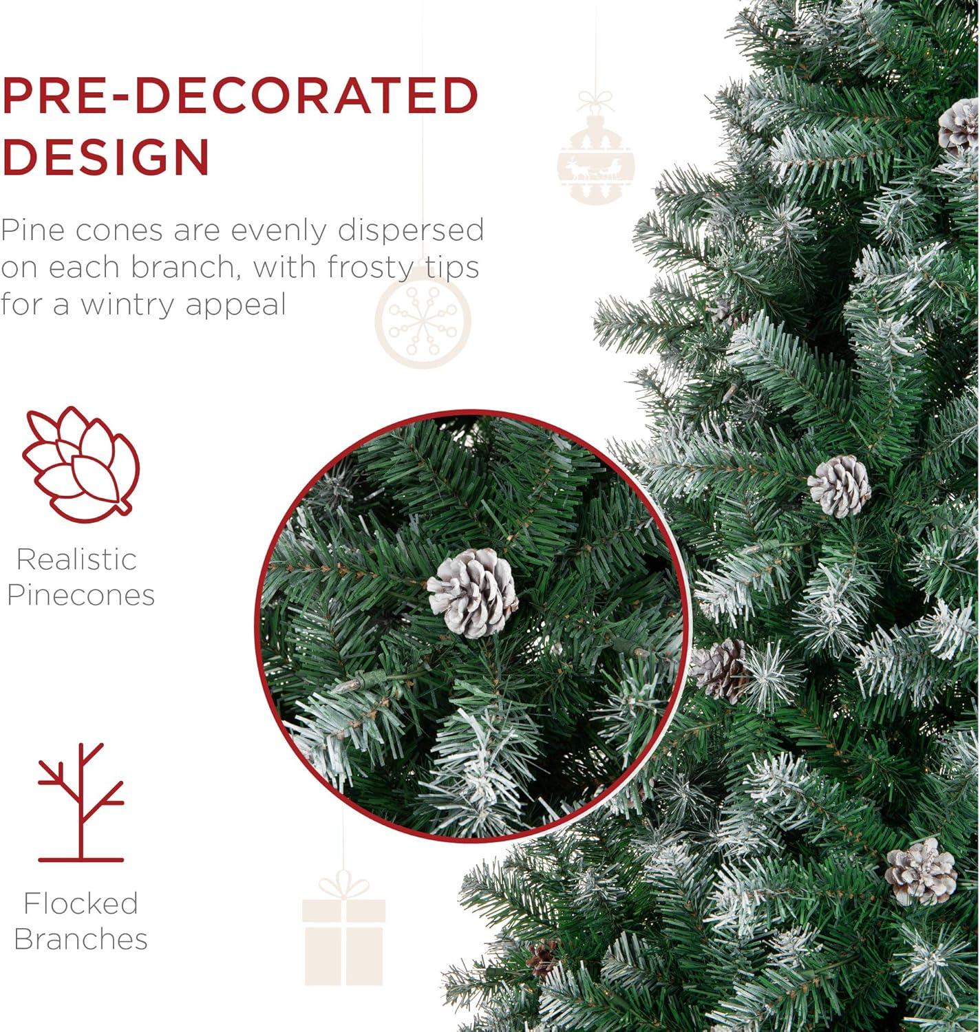 imageBest Choice Products 6ft PreDecorated Holiday Christmas Tree for Home Office Party w1000 Tips Partially Flocked Pinecones Base  Blue SpruceFlocked Green