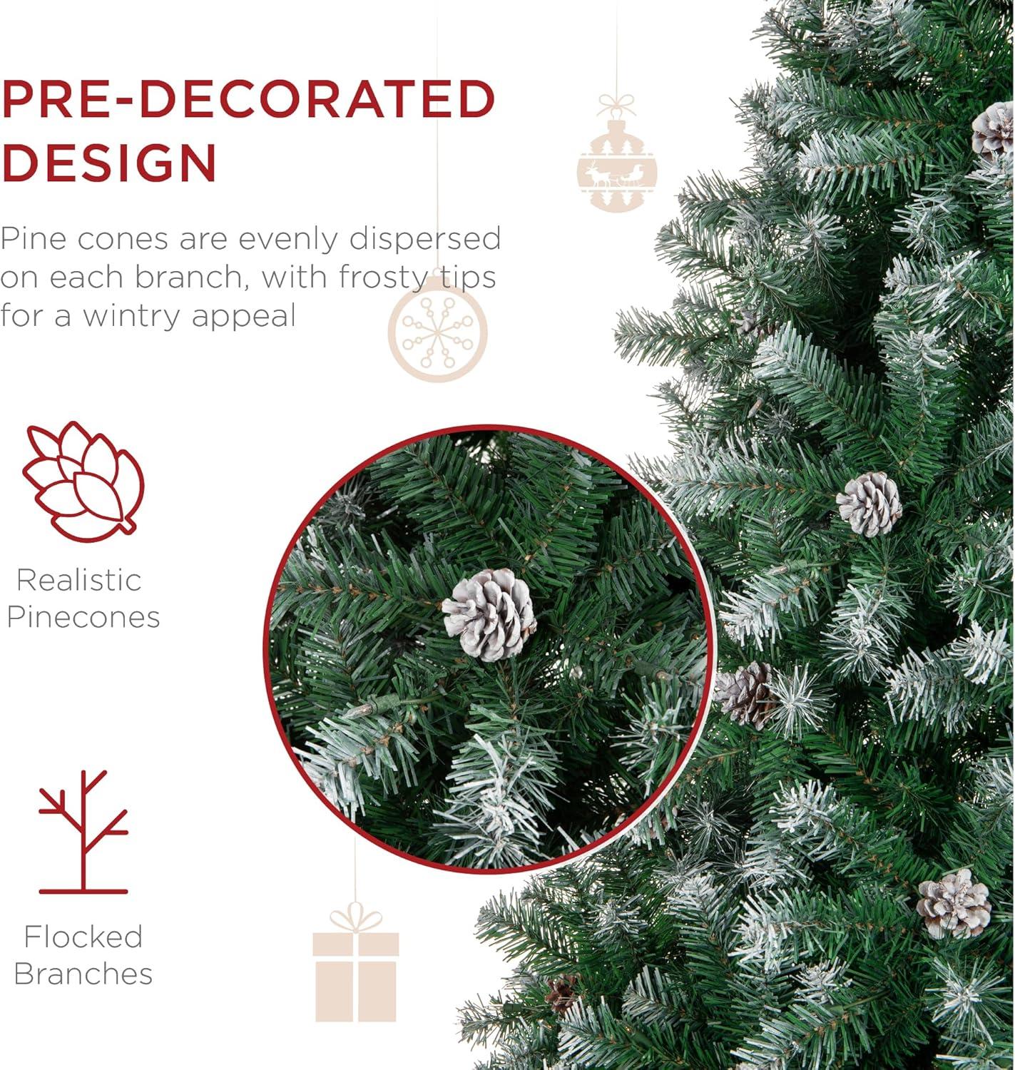 imageBest Choice Products 6ft PreDecorated Holiday Christmas Tree for Home Office Party w1000 Tips Partially Flocked Pinecones Base  Blue SpruceFlocked Green