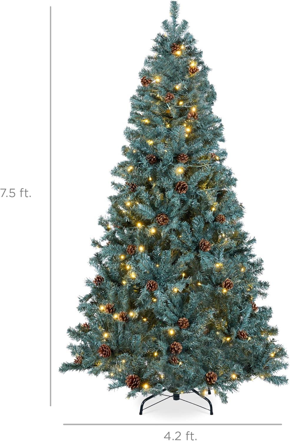 imageBest Choice Products 6ft PreLit PreDecorated Pine Artificial Christmas Tree w 1000 Tips 59 Pinecones 250 Lights Base  GreenBlue Spruce