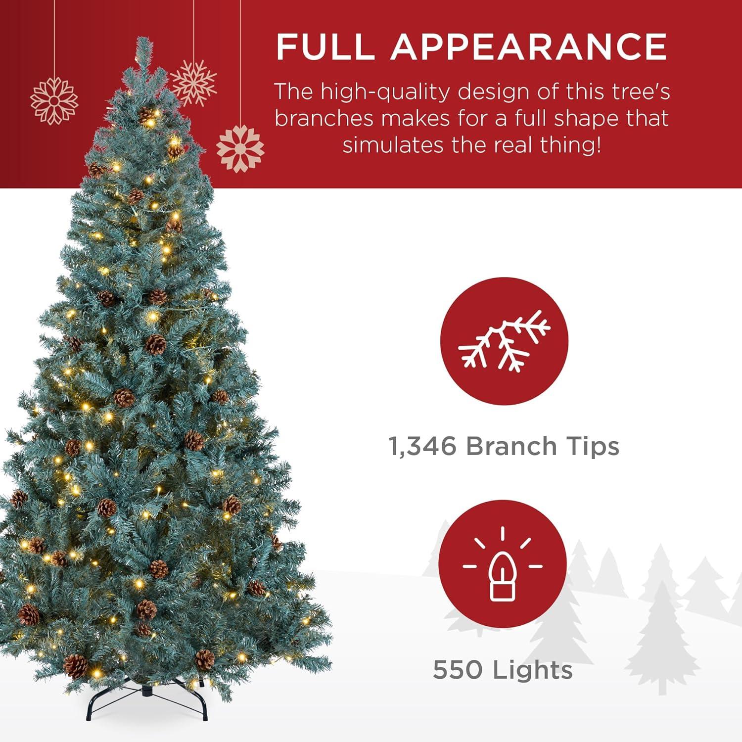 imageBest Choice Products 6ft PreLit PreDecorated Pine Artificial Christmas Tree w 1000 Tips 59 Pinecones 250 Lights Base  GreenBlue Spruce