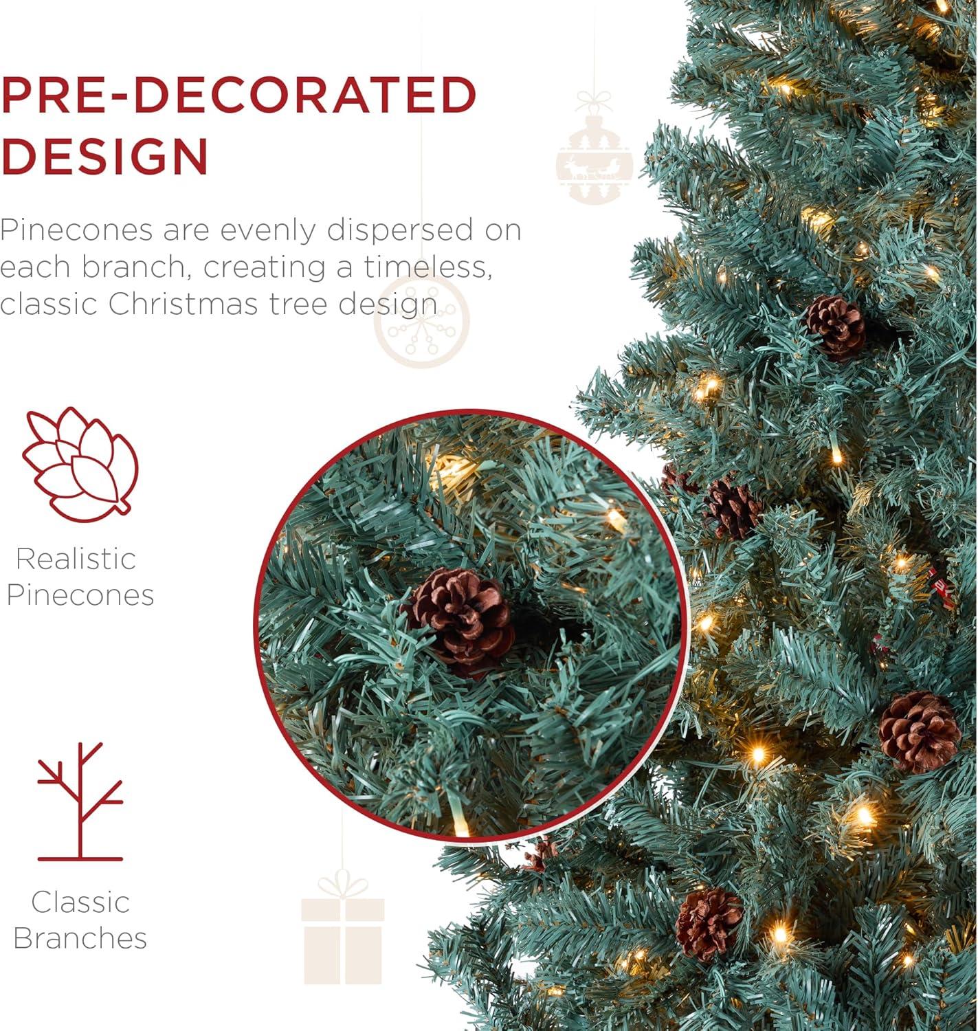 imageBest Choice Products 6ft PreLit PreDecorated Pine Artificial Christmas Tree w 1000 Tips 59 Pinecones 250 Lights Base  GreenBlue Spruce