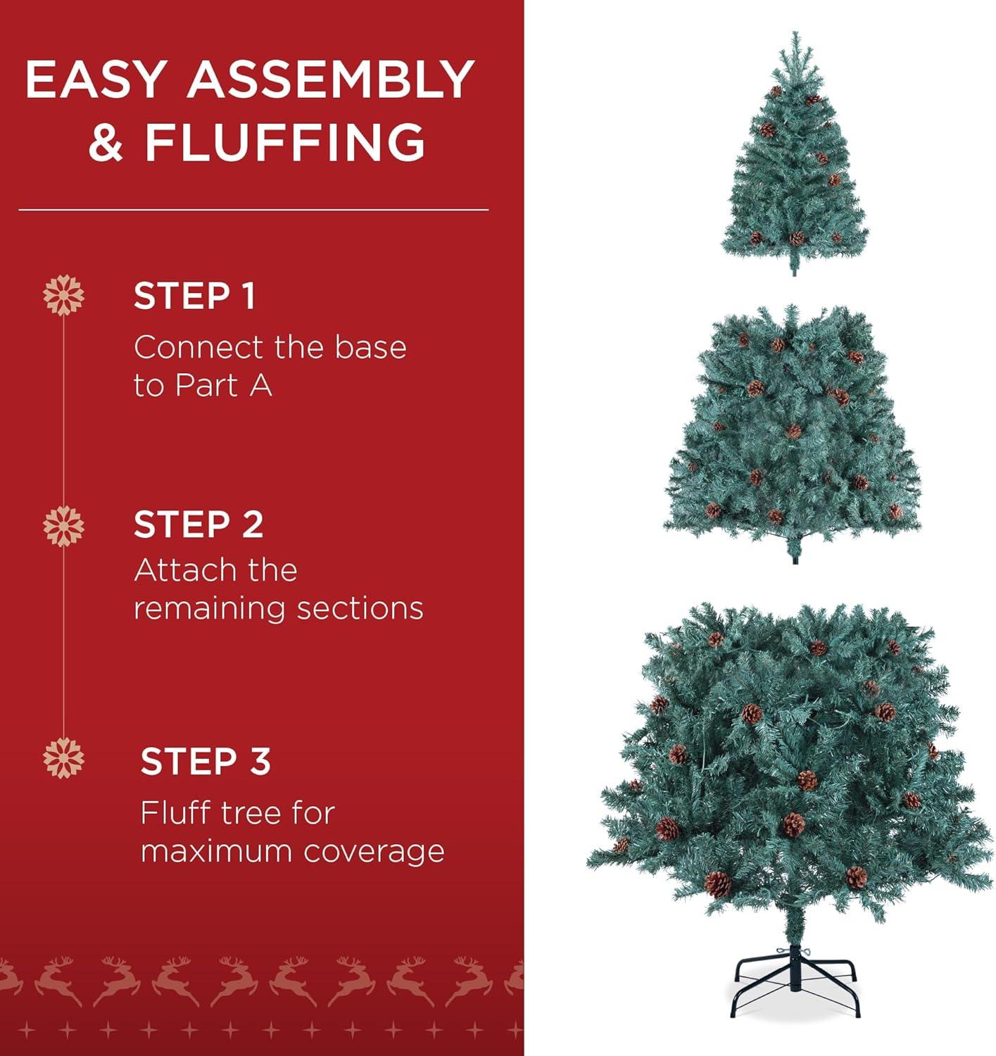 imageBest Choice Products 6ft PreLit PreDecorated Pine Artificial Christmas Tree w 1000 Tips 59 Pinecones 250 Lights Base  GreenBlue Spruce