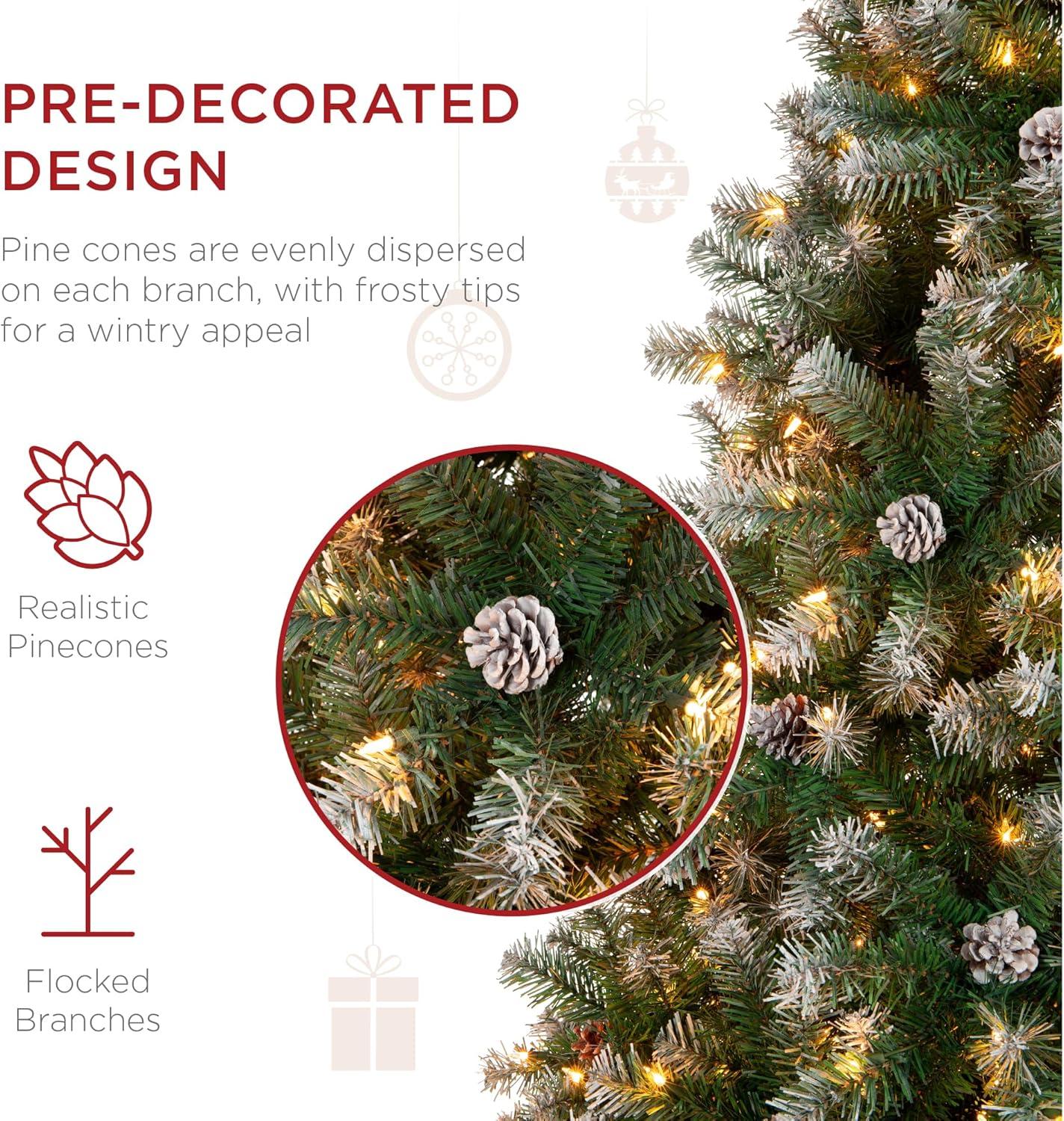 imageBest Choice Products 6ft PreLit PreDecorated Pine Artificial Christmas Tree w 1000 Tips 59 Pinecones 250 Lights Base  GreenFlocked Green
