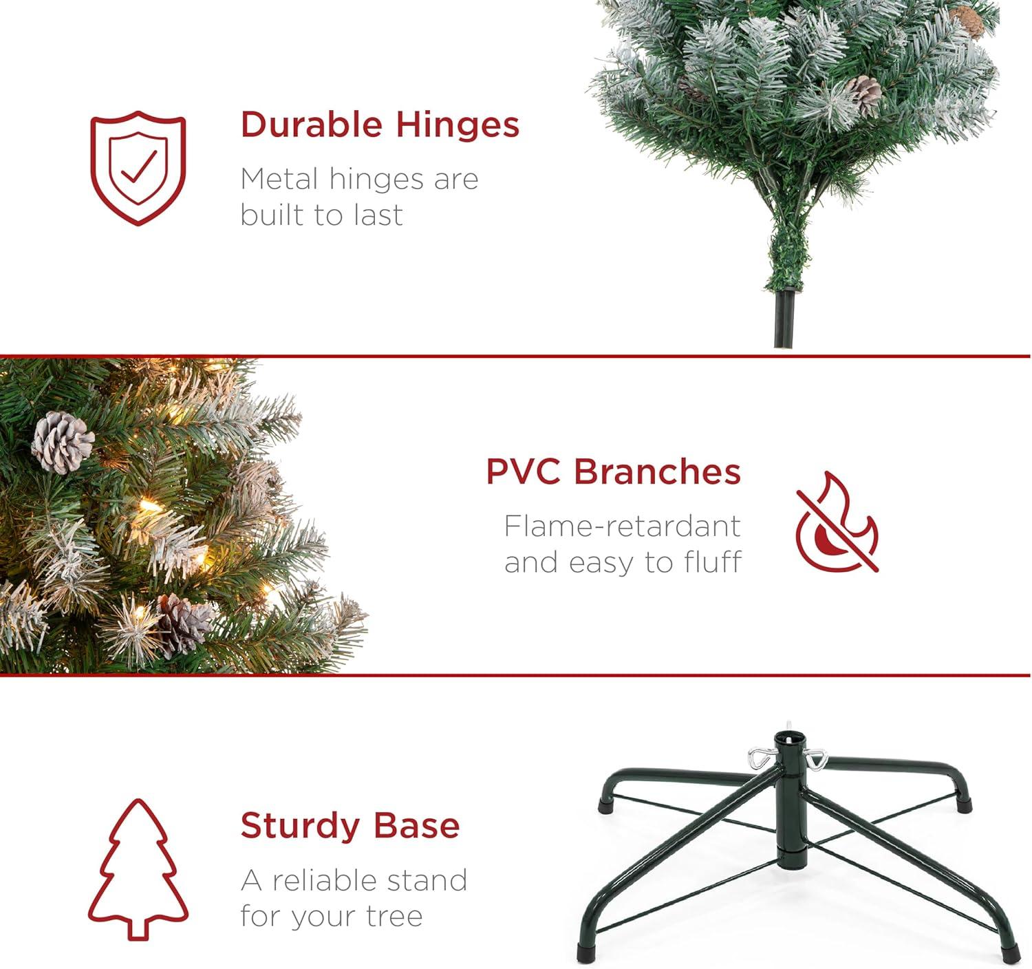 imageBest Choice Products 6ft PreLit PreDecorated Pine Artificial Christmas Tree w 1000 Tips 59 Pinecones 250 Lights Base  GreenFlocked Green